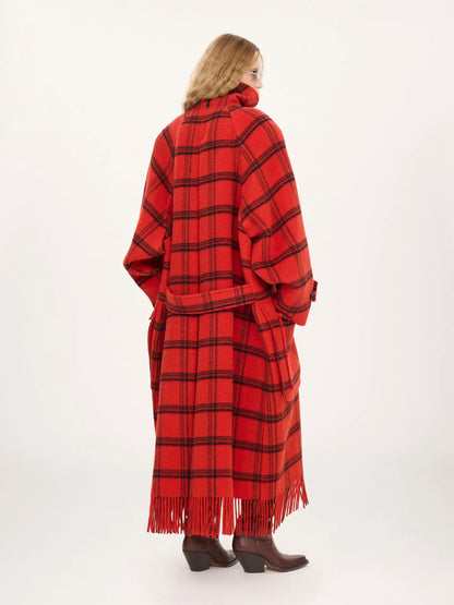 Double-breasted oversized long coat in check double-face wool & alpaca