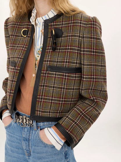 Collarless cropped boxy jacket in check wool