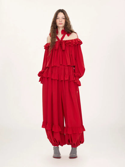 Fluid ruffled pants in silk jacquard