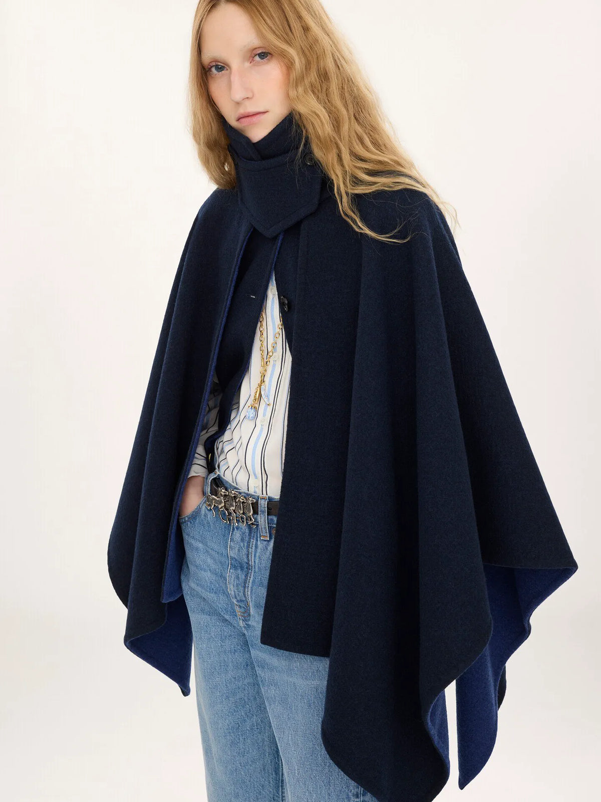 High-neck short cape coat in washed double-face wool