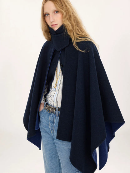 High-neck short cape coat in washed double-face wool