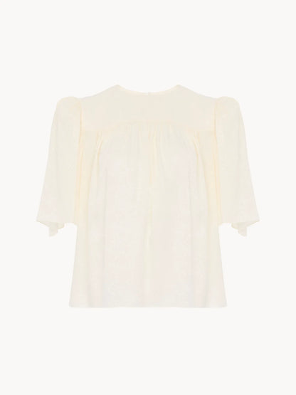Crew-neck gathered top in silk jacquard