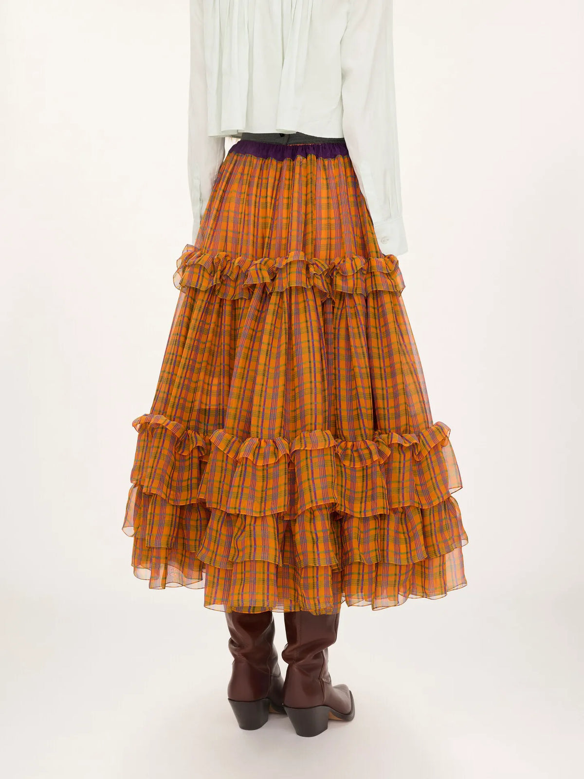 Ruffled long skirt in check silk mousseline