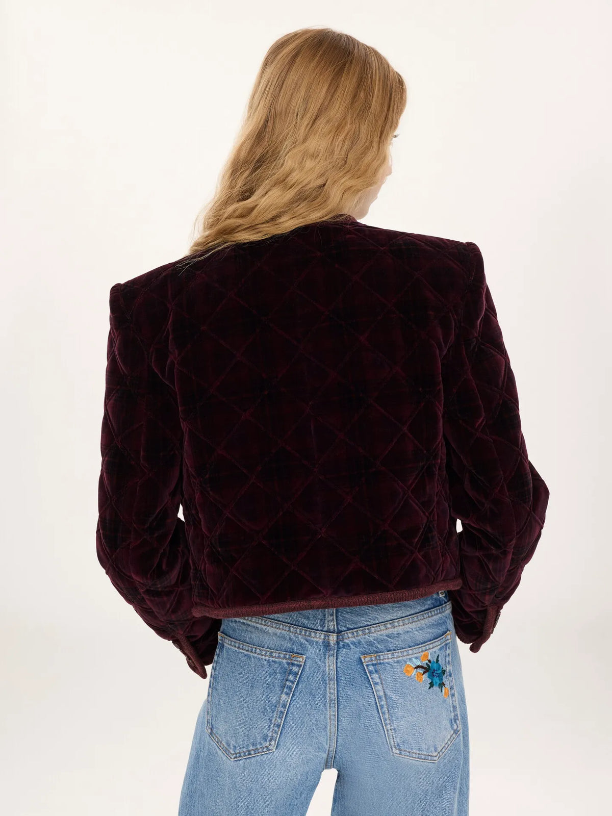 Boxy collarless jacket in check cotton