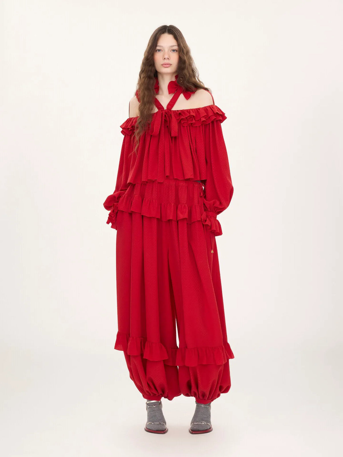 Cut-out ruffle top in silk jacquard