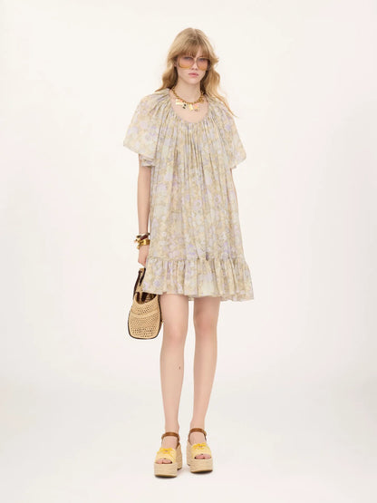 Short pleated dress in silk charmeuse