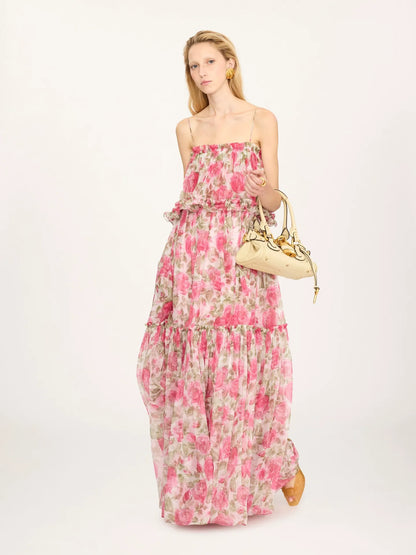 Thin-strap long dress in silk mousseline