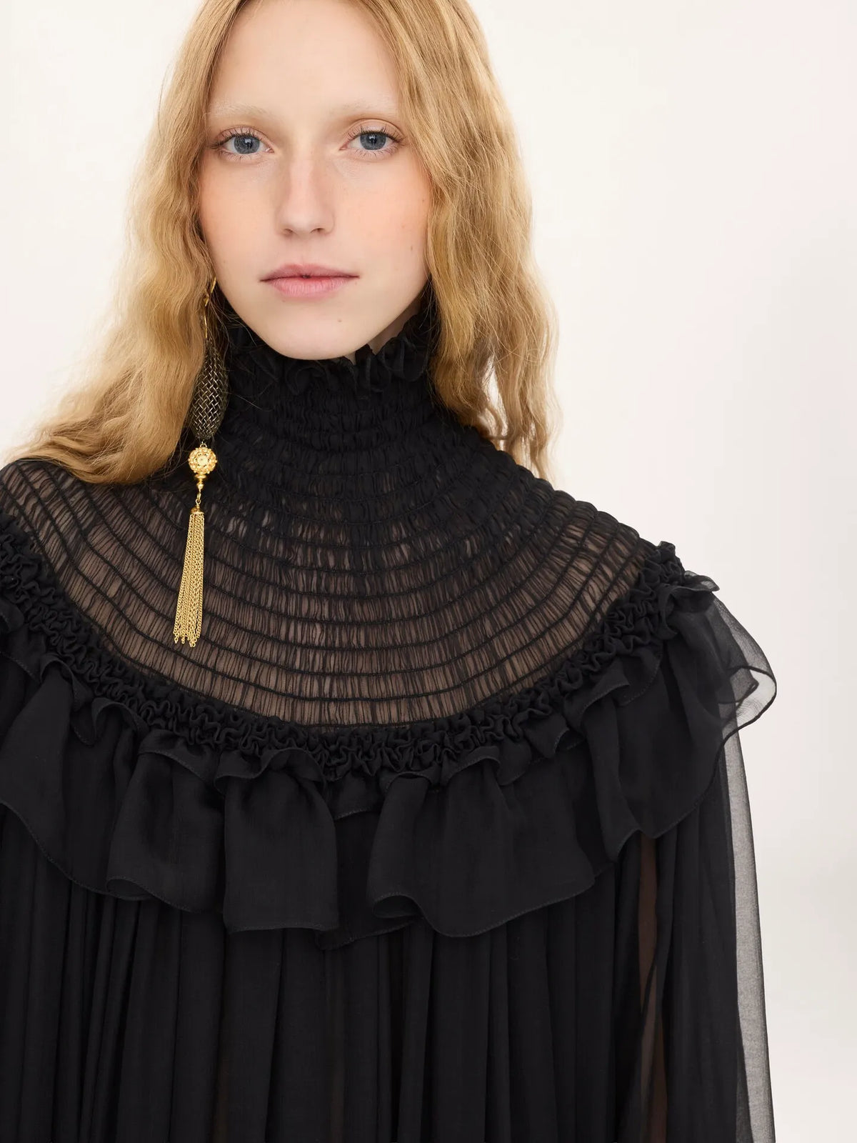 High-neck ruffled midi dress in silk mousseline