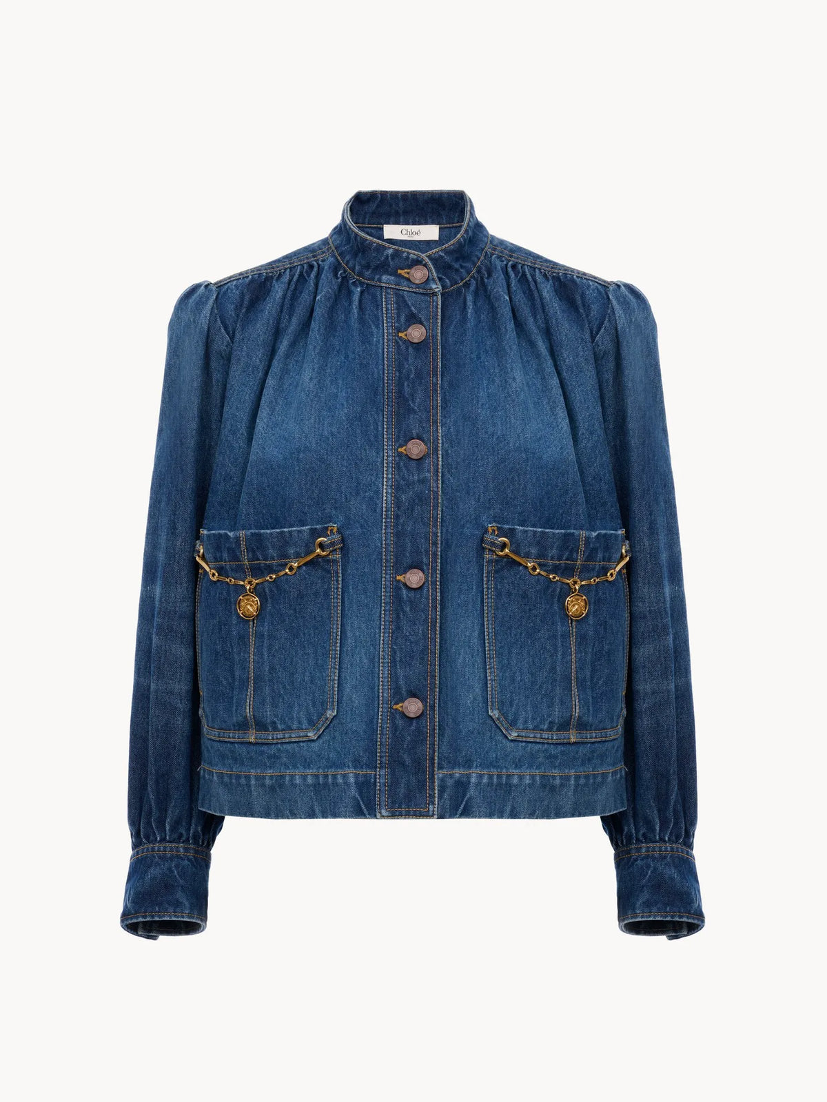 High-neck gathered jacket in denim