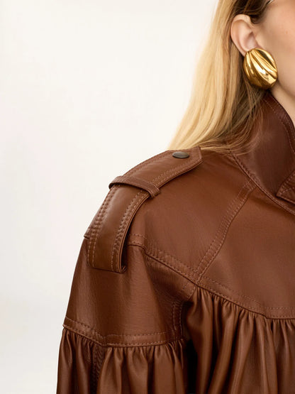 High-neck puff-sleeve coat in leather