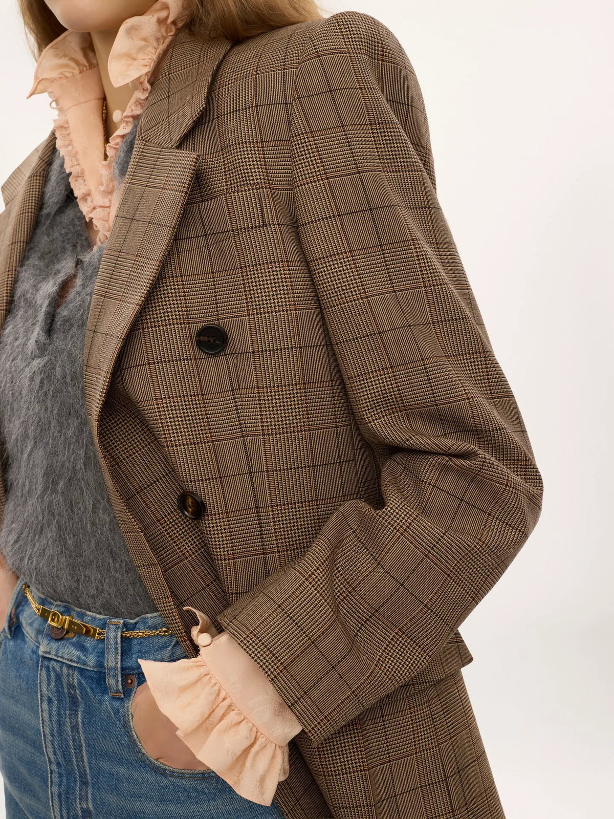 Double-breasted tailored jacket in check wool
