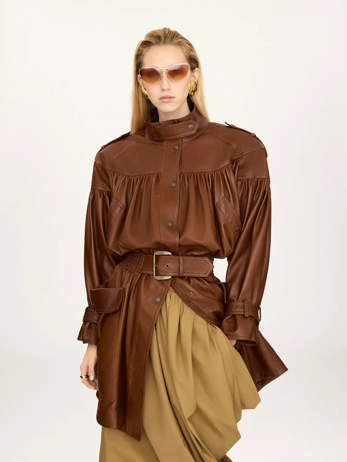 High-neck puff-sleeve coat in leather