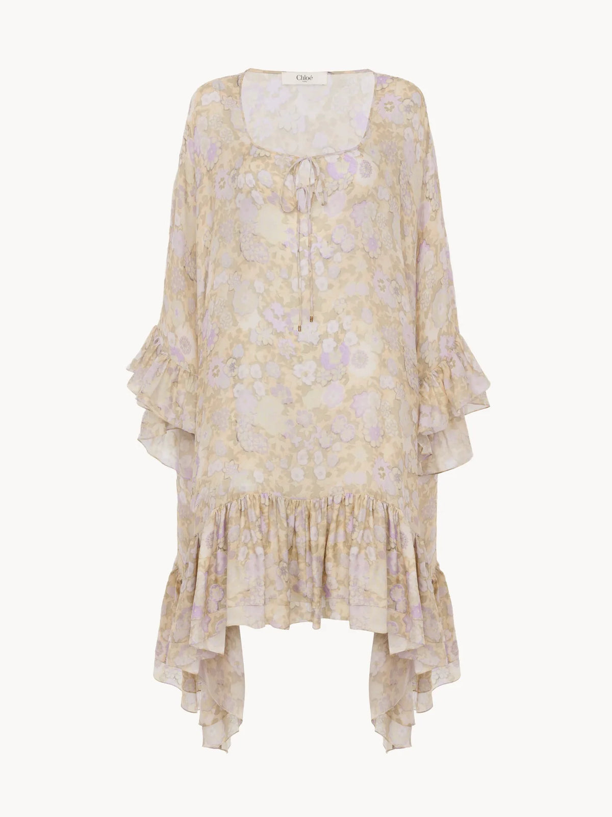 Knee-length ruffled kaftan in silk charmeuse