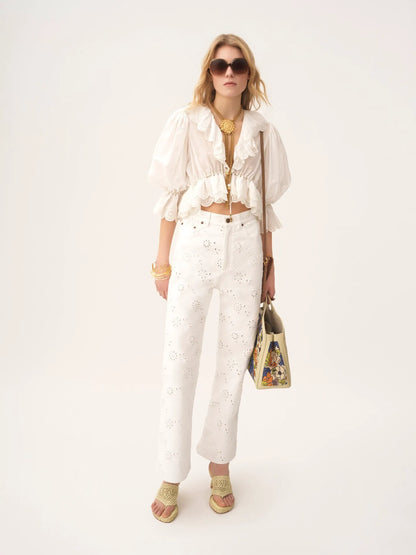V-neck ruffle top in cotton voile