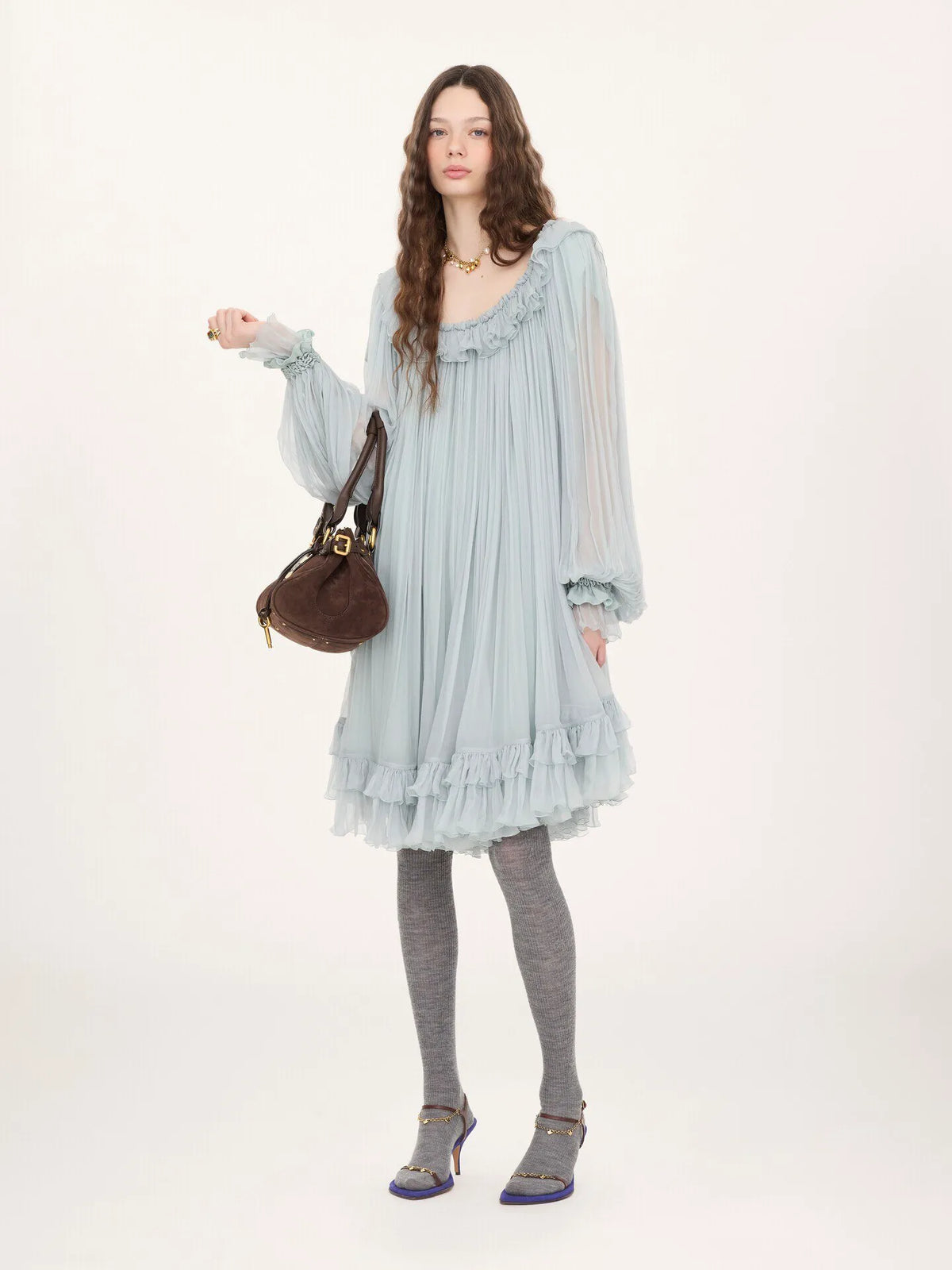 Gathered mini dress in silk mousseline