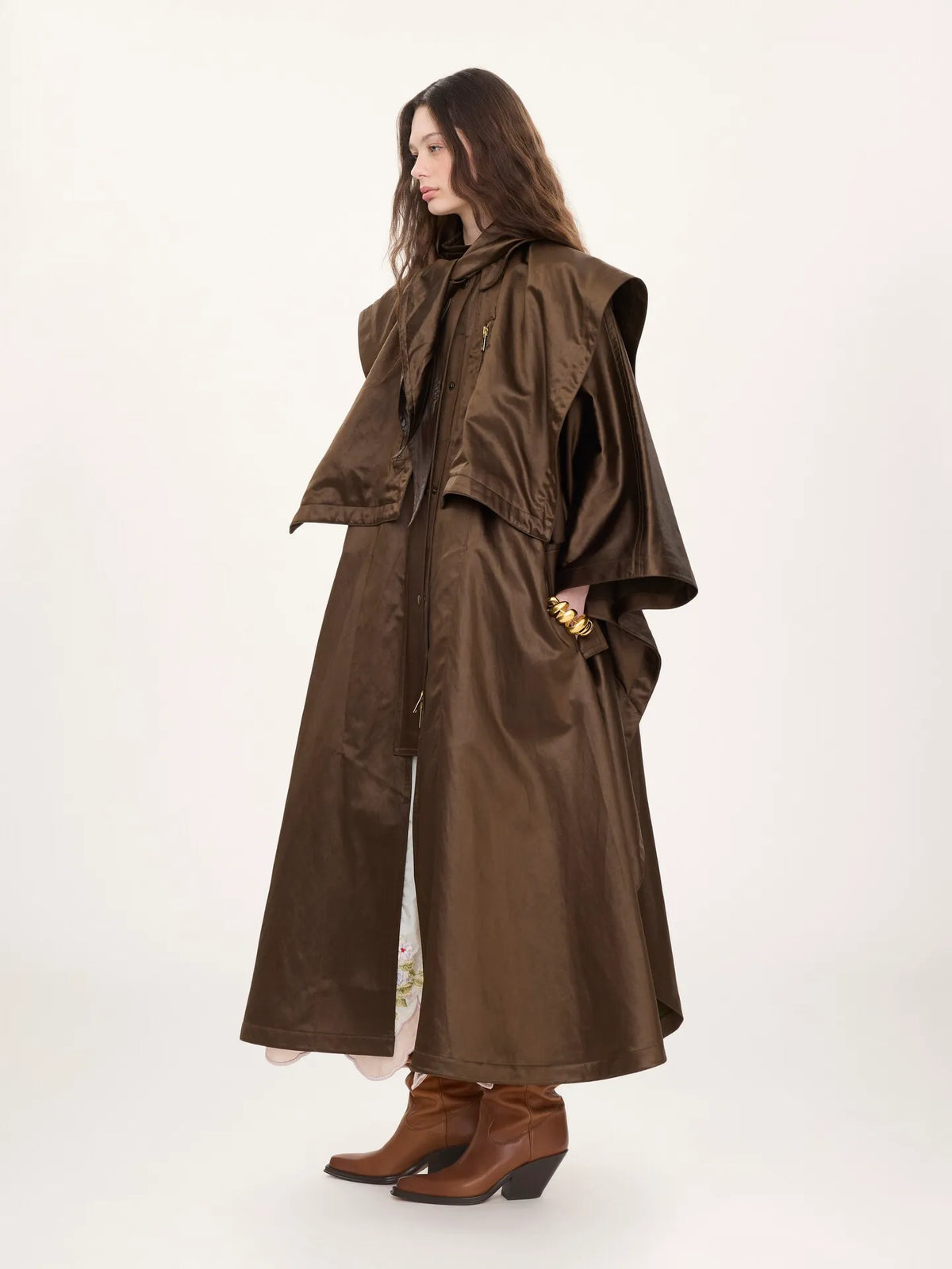 Hooded long cape coat in satin