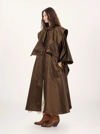 Hooded long cape coat in satin