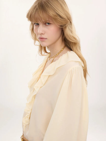 V-neck ruffle top in crêpe de chine