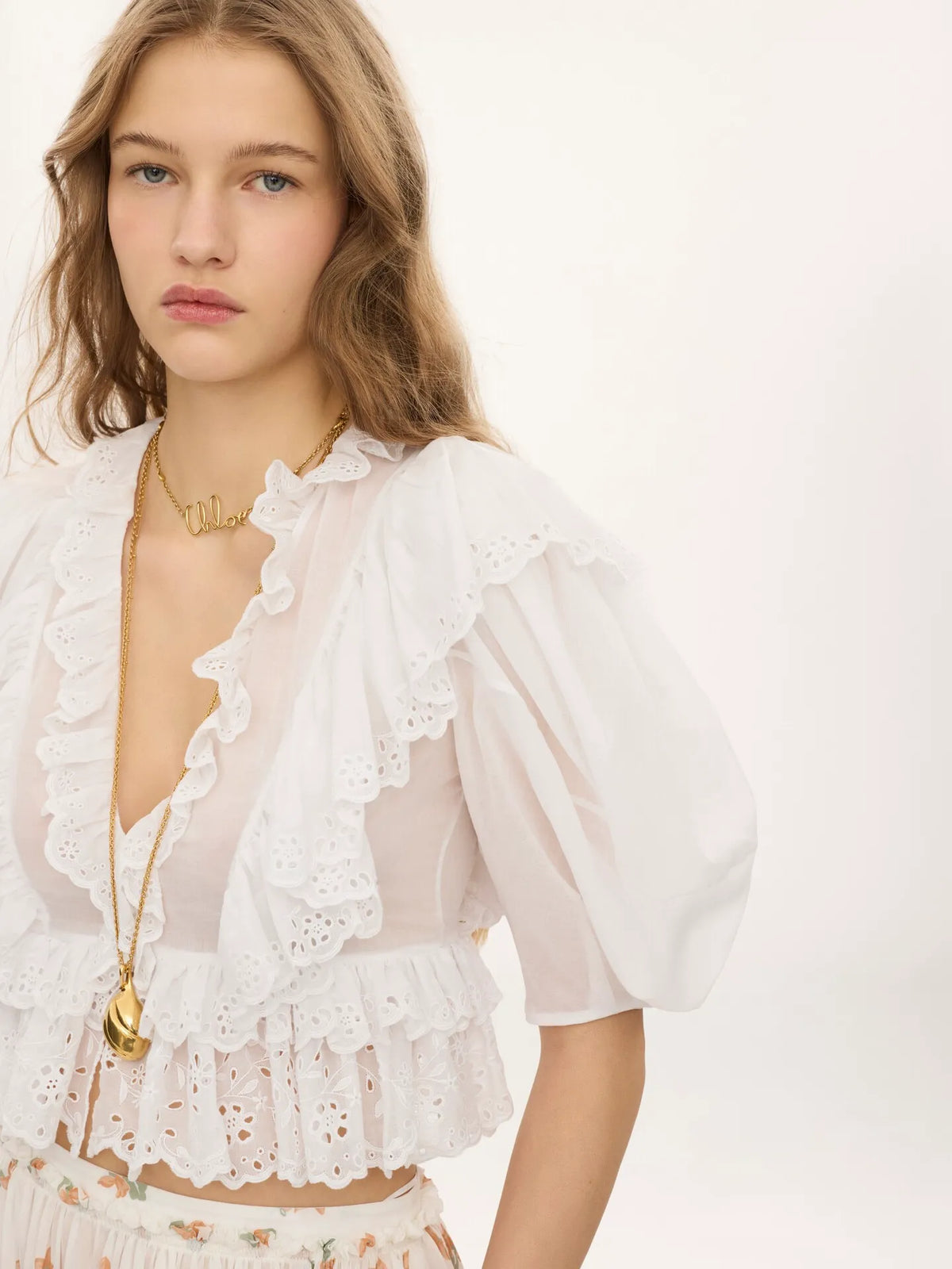 Cropped V-neck ruffle top in cotton voile