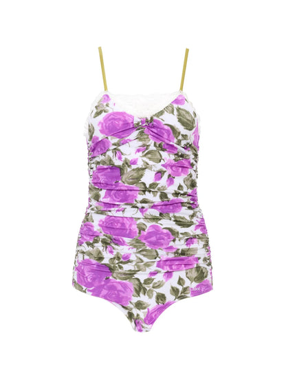 Rose-print ruched bodysuit