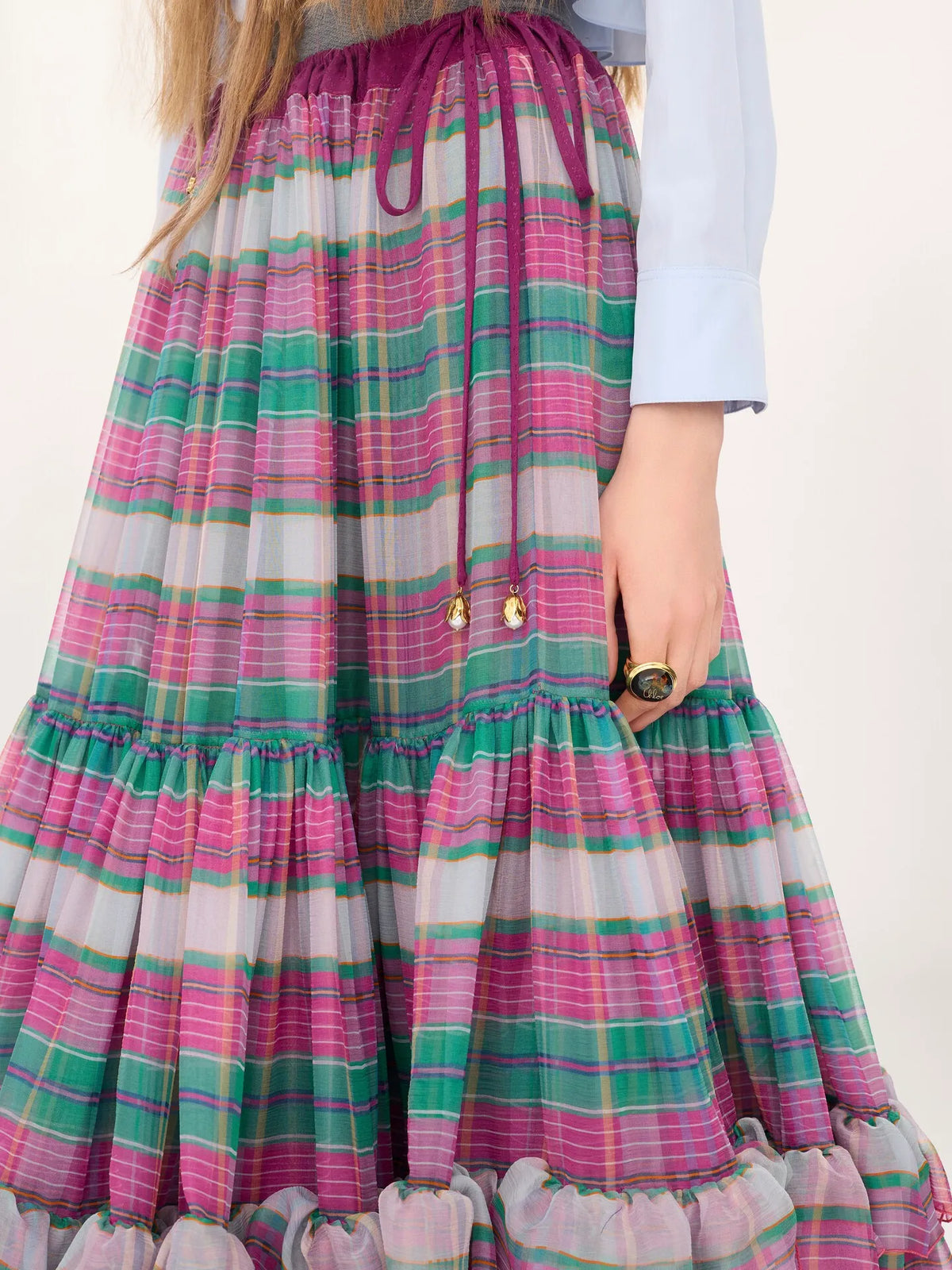 Ruffled long skirt in check silk mousseline