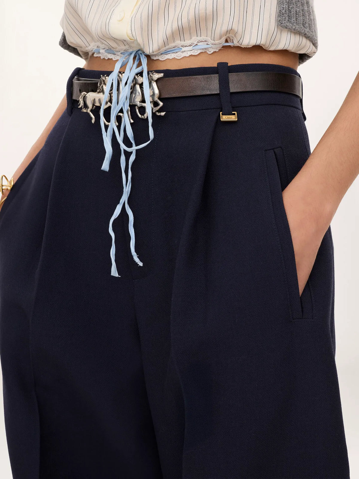 High-rise barrel pants in wool crêpe & suede leather
