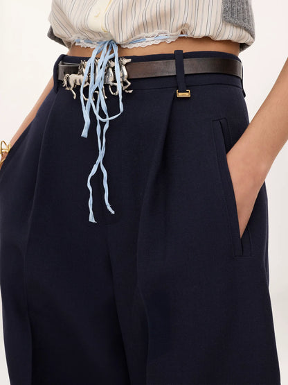 High-rise barrel pants in wool crêpe & suede leather