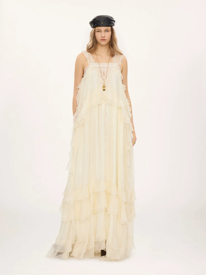 Sleeveless layered long dress in silk mousseline & lace