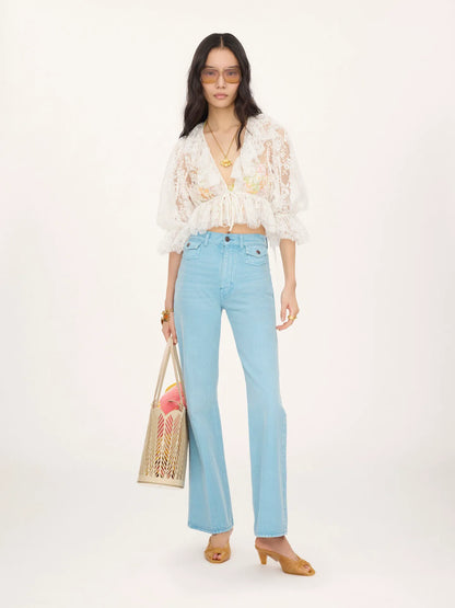 Cropped V-neck ruffle top in lace