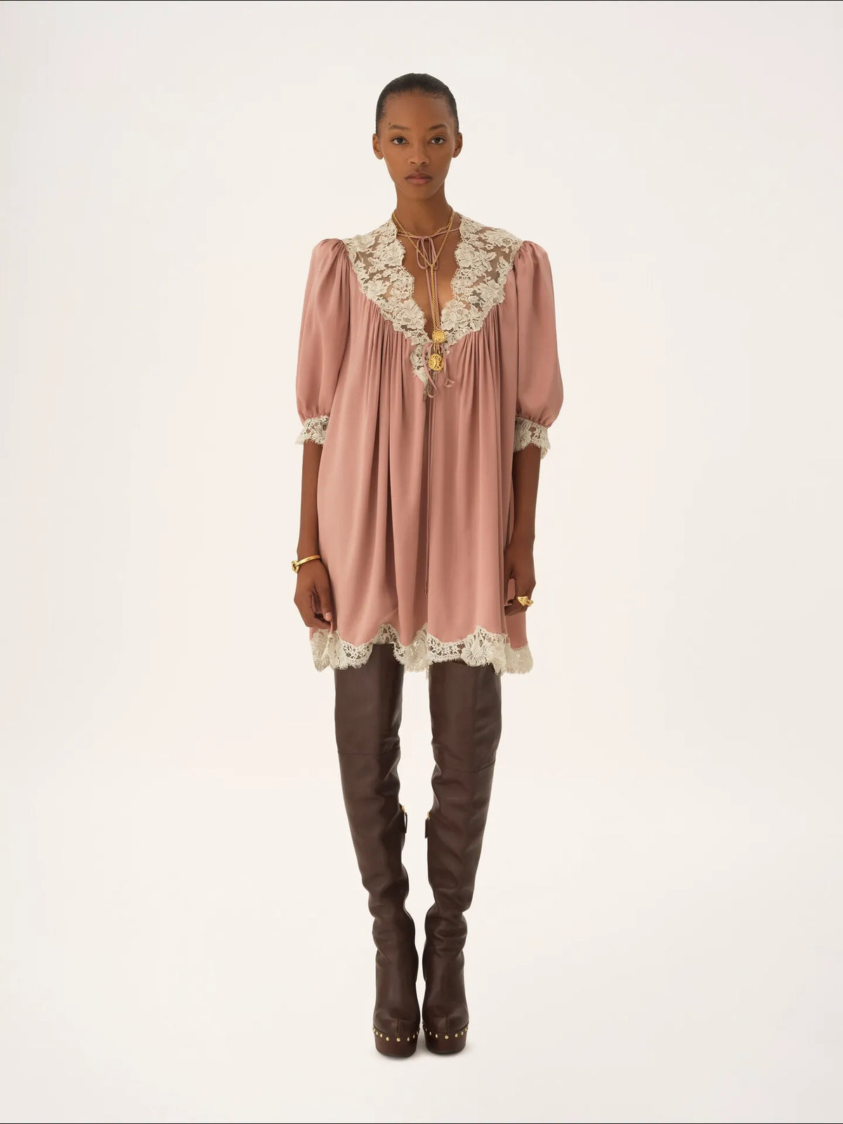 Gathered V-neck mini dress in washed silk satin & lace