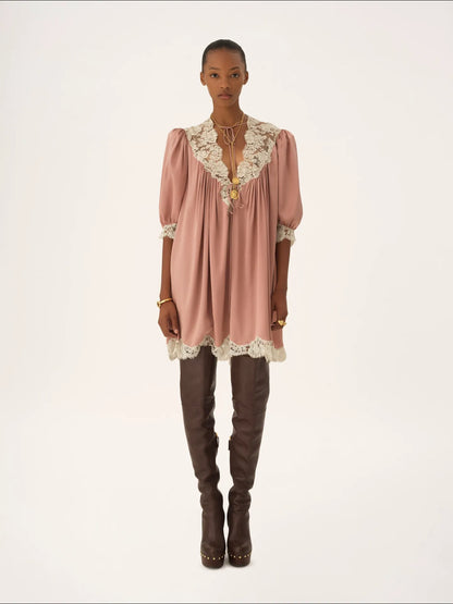 Gathered V-neck mini dress in washed silk satin & lace
