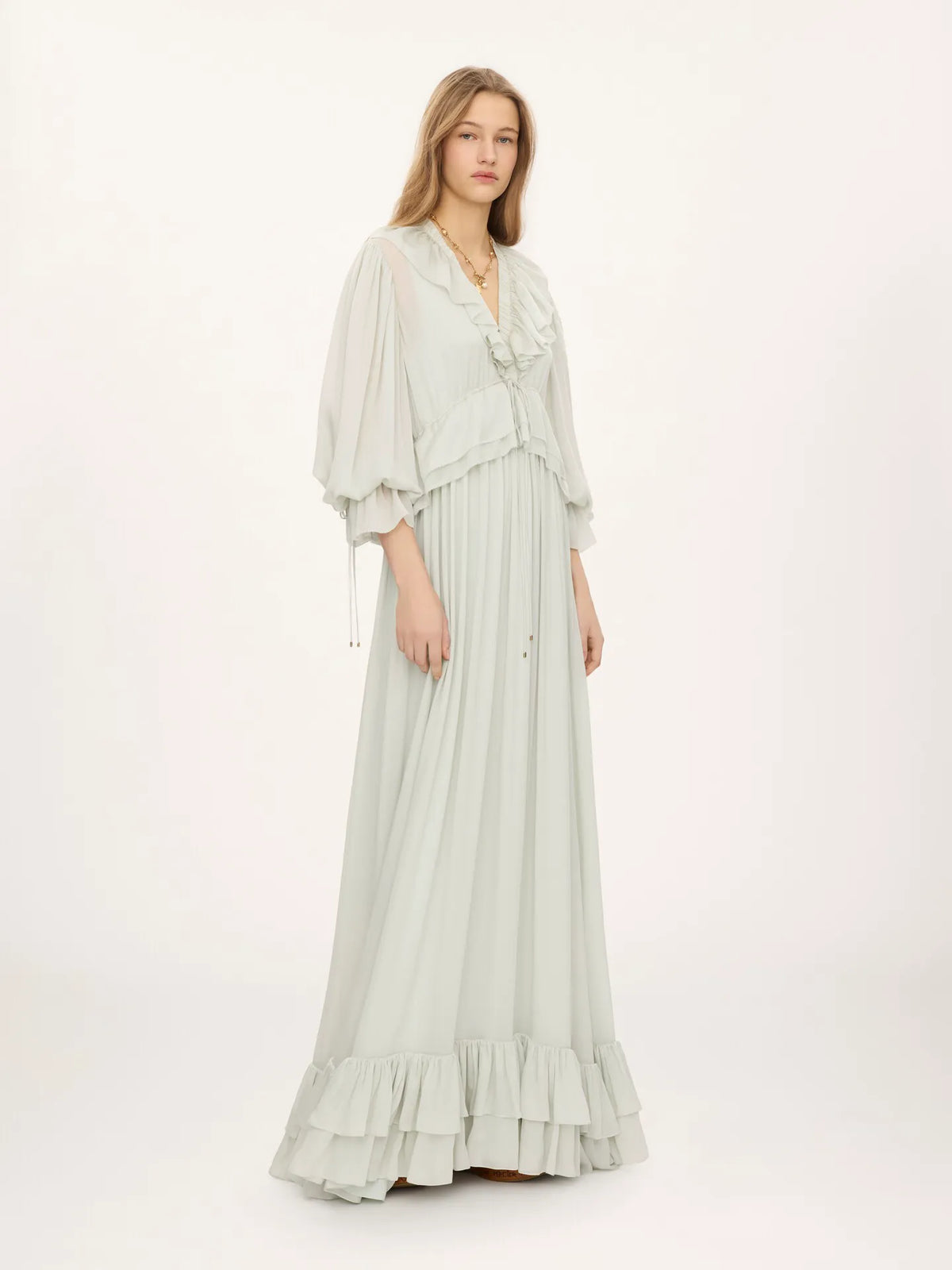 Gathered long dress in silk charmeuse