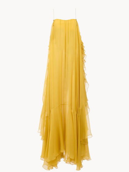 Sleeveless long dress in silk mousseline