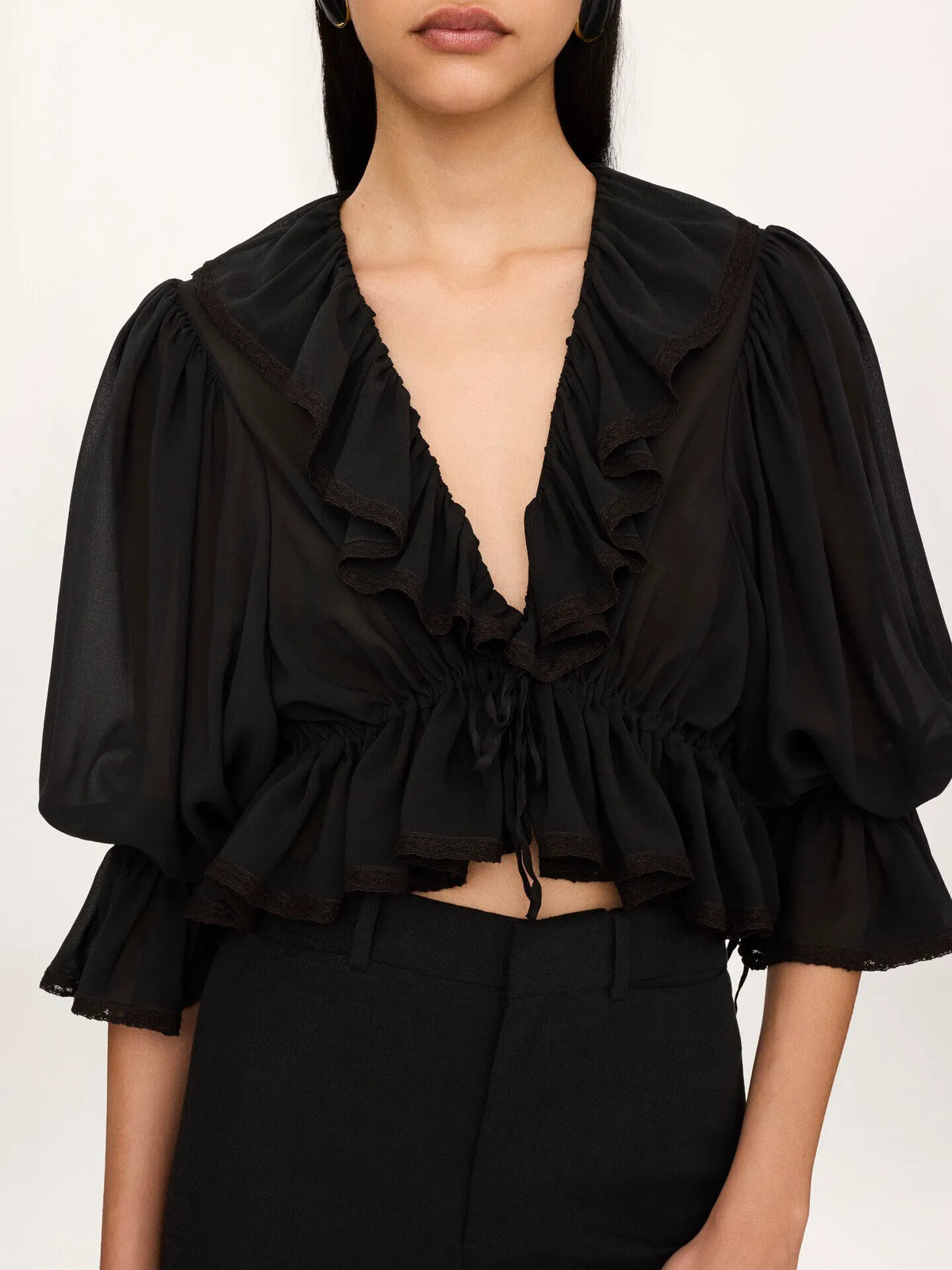 Cropped V-neck ruffle top in silk georgette & lace