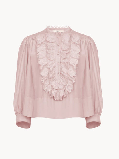 Gathered ruffle top in technical taffeta