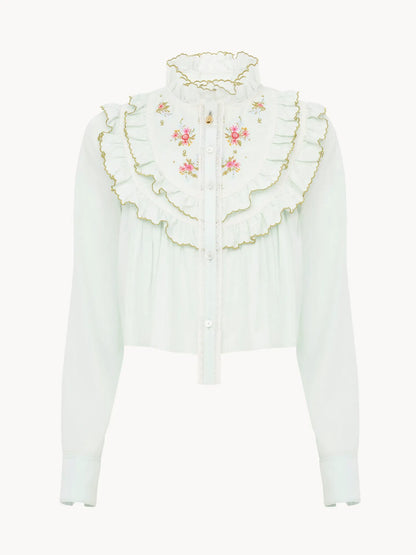 Cropped ruffled blouse in silk & cotton poplin