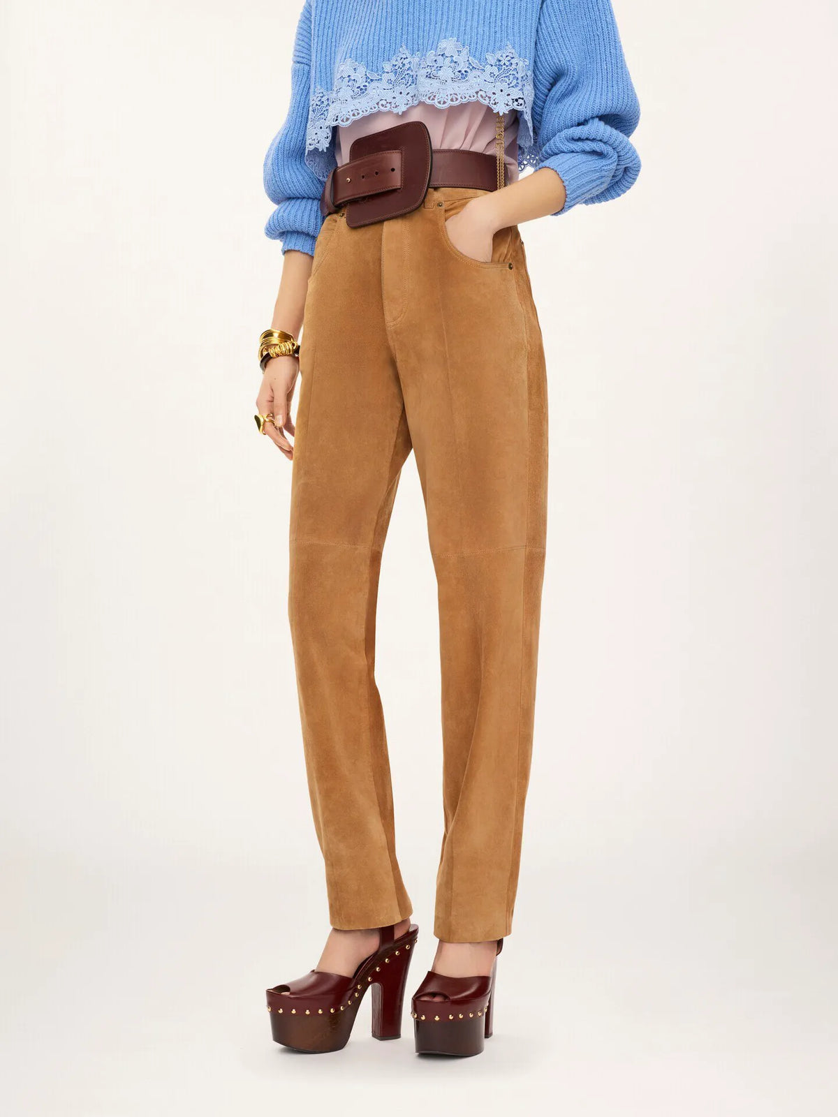Straight pants in suede leather
