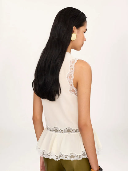 Sleeveless peplum top in crêpe de chine & lace