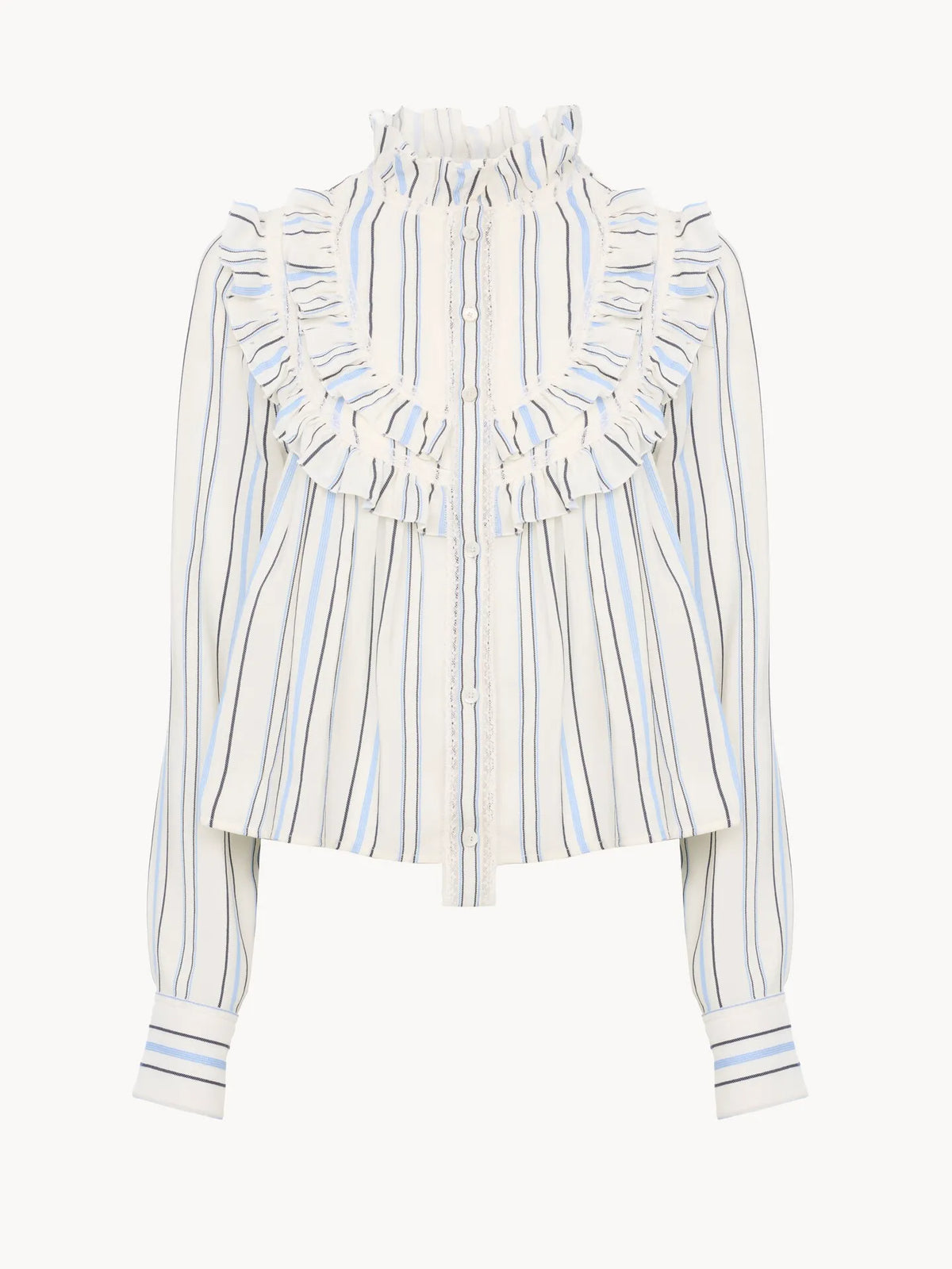 Ruffled blouse in silk jacquard & lace