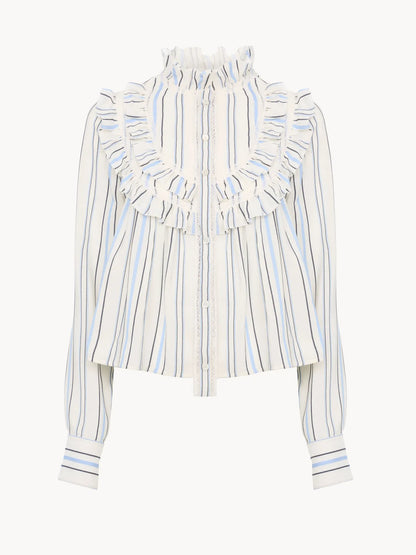 Ruffled blouse in silk jacquard & lace