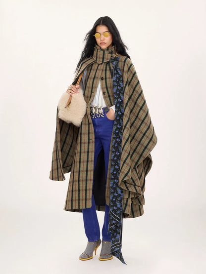 Layered long cape coat in brushed check wool