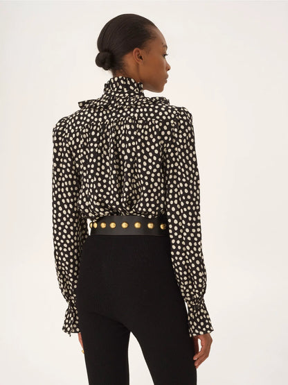 Tie-front ruffled blouse in silk jacquard