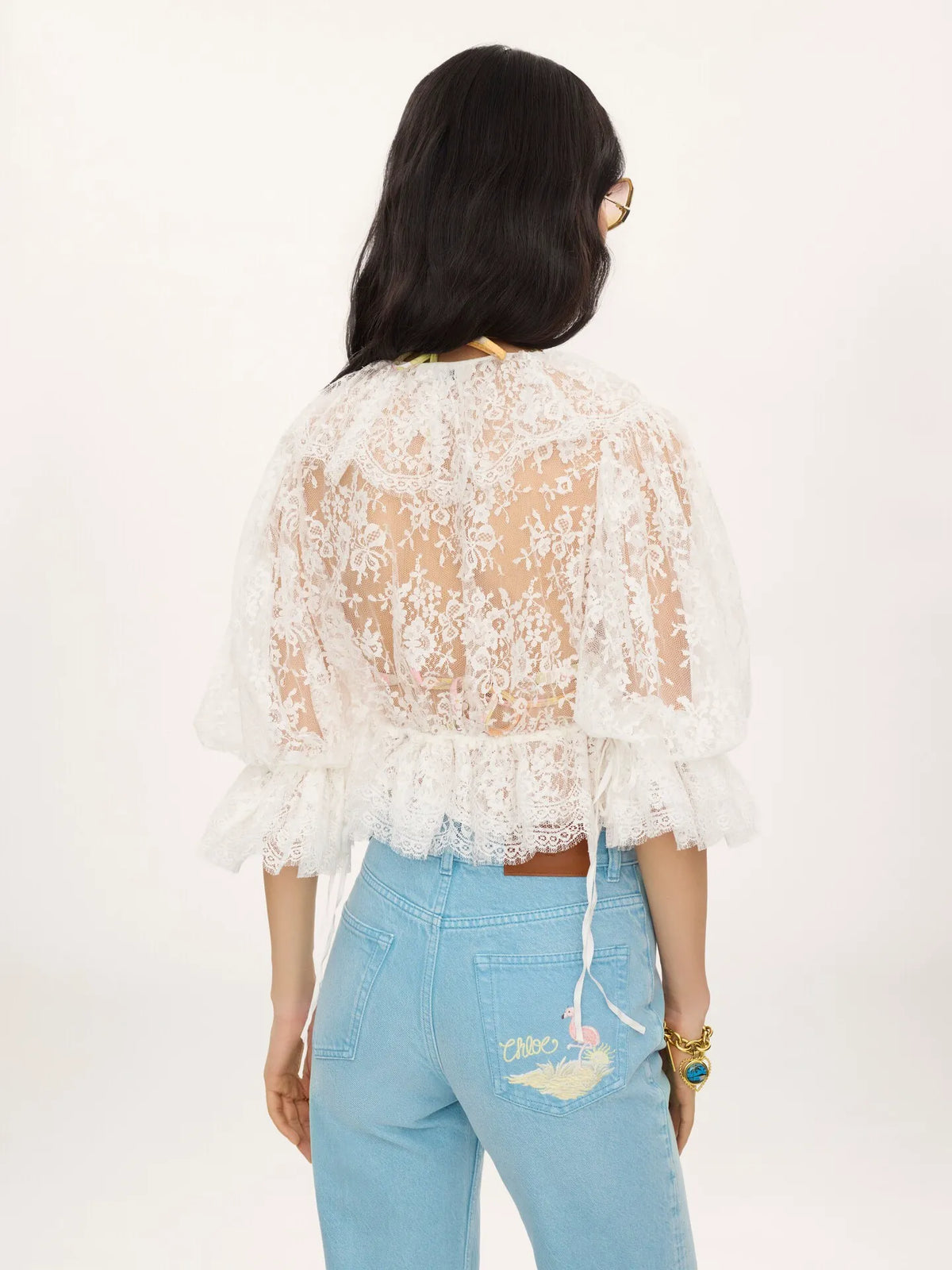 Cropped V-neck ruffle top in lace