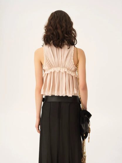 Tie-front sleeveless top in washed silk satin & lace