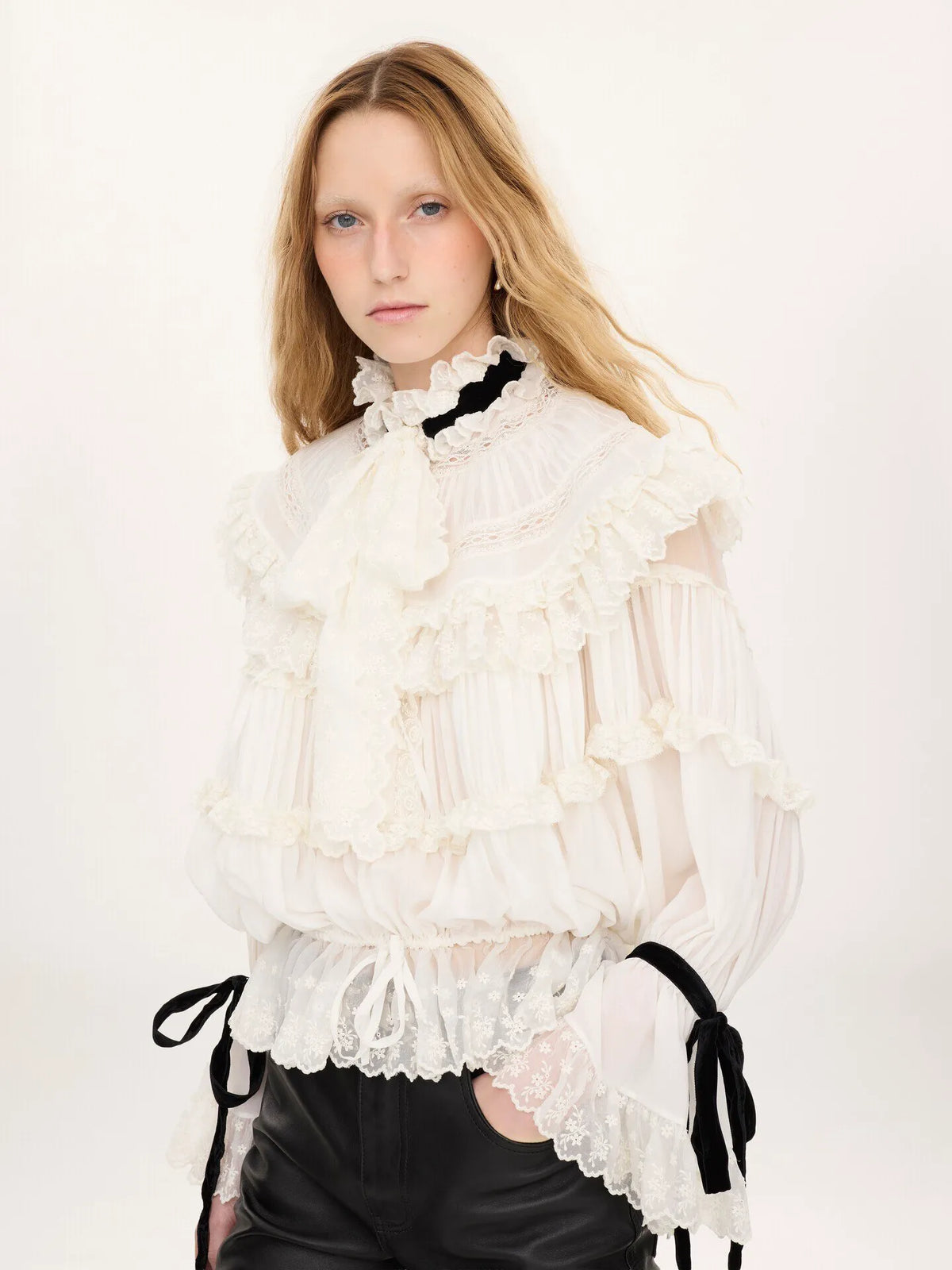 Tie-front ruffle top in silk mousseline & lace