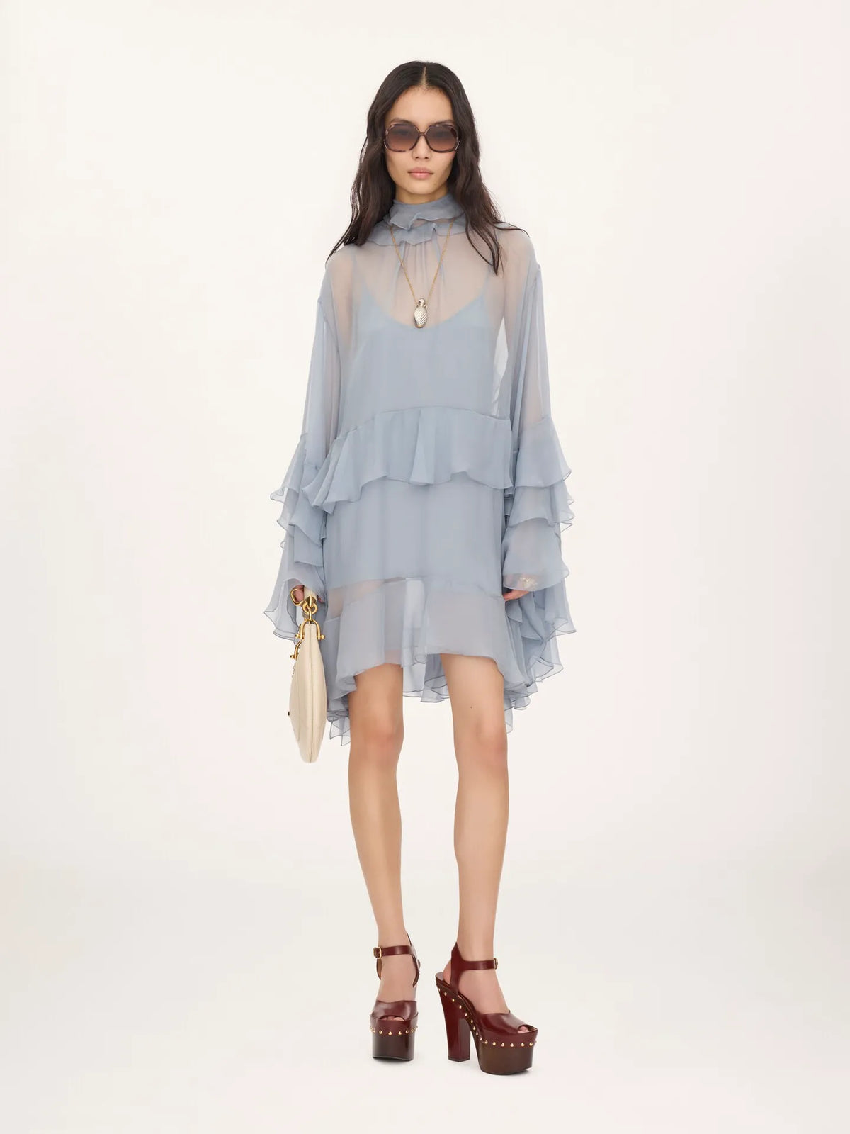 Ruffled mini dress in silk mousseline