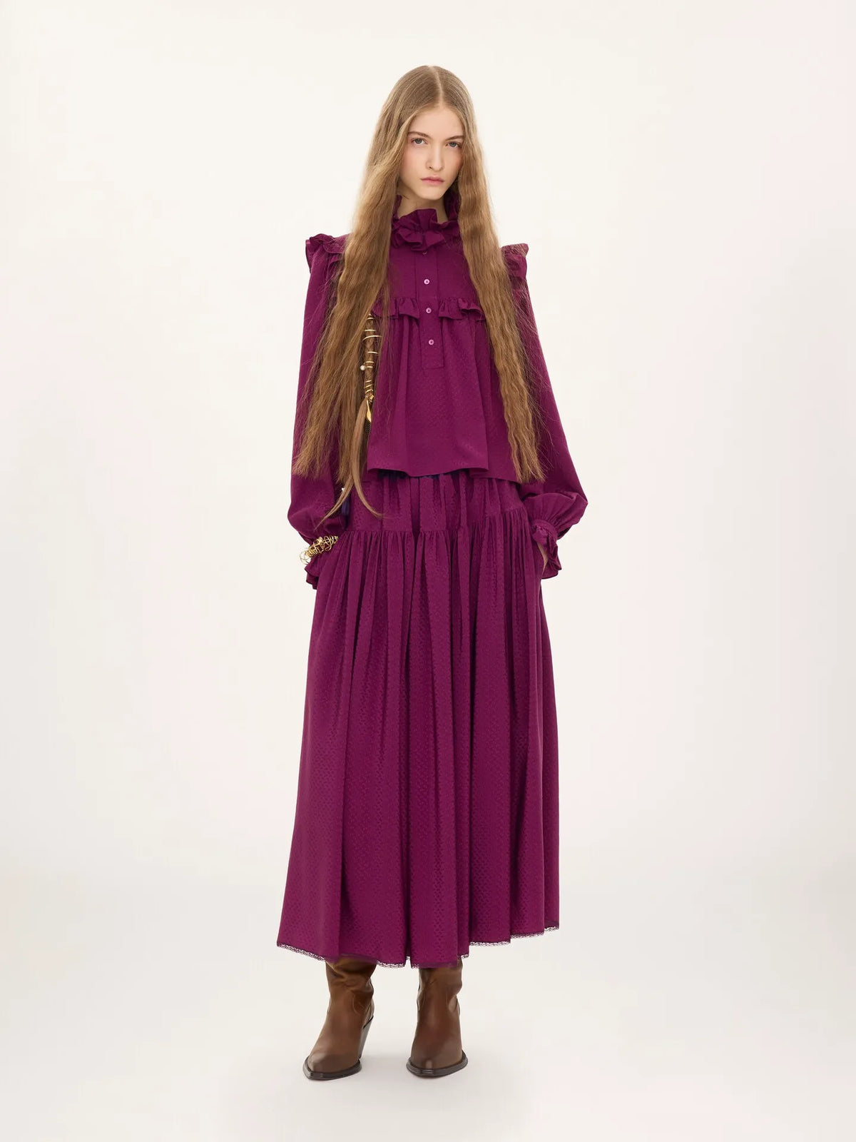 Ruffled high-neck top in silk jacquard