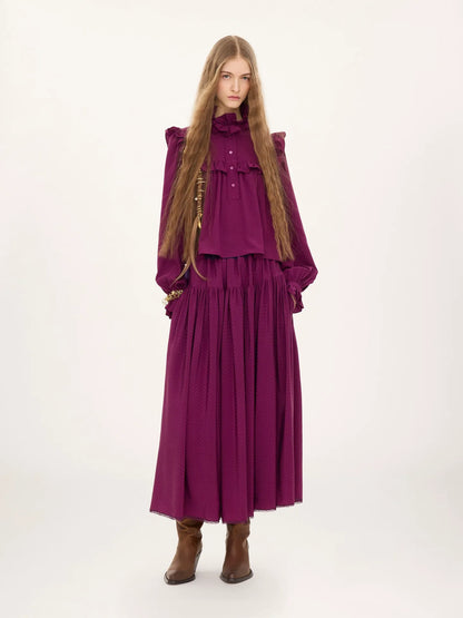 Ruffled high-neck top in silk jacquard
