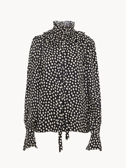 Tie-front ruffled blouse in silk jacquard