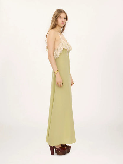 Thin-strap long dress in crêpe de chine & lace